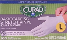 NEW - 100 ct CURAD Basic Care 3G Stretch Vinyl Exam Gloves, Pick Size: M or L
