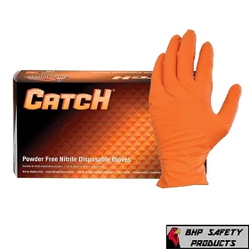 CATCH Nitrile Disposable Gloves w/ Pyramid Grip Texture Orange 9 Mil Box of 100