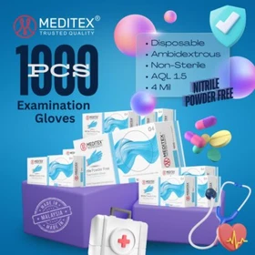 MEDITEX&reg; Exam Nitrile Gloves Blue Powder Free Finger Textured 4mil XS S M L XL